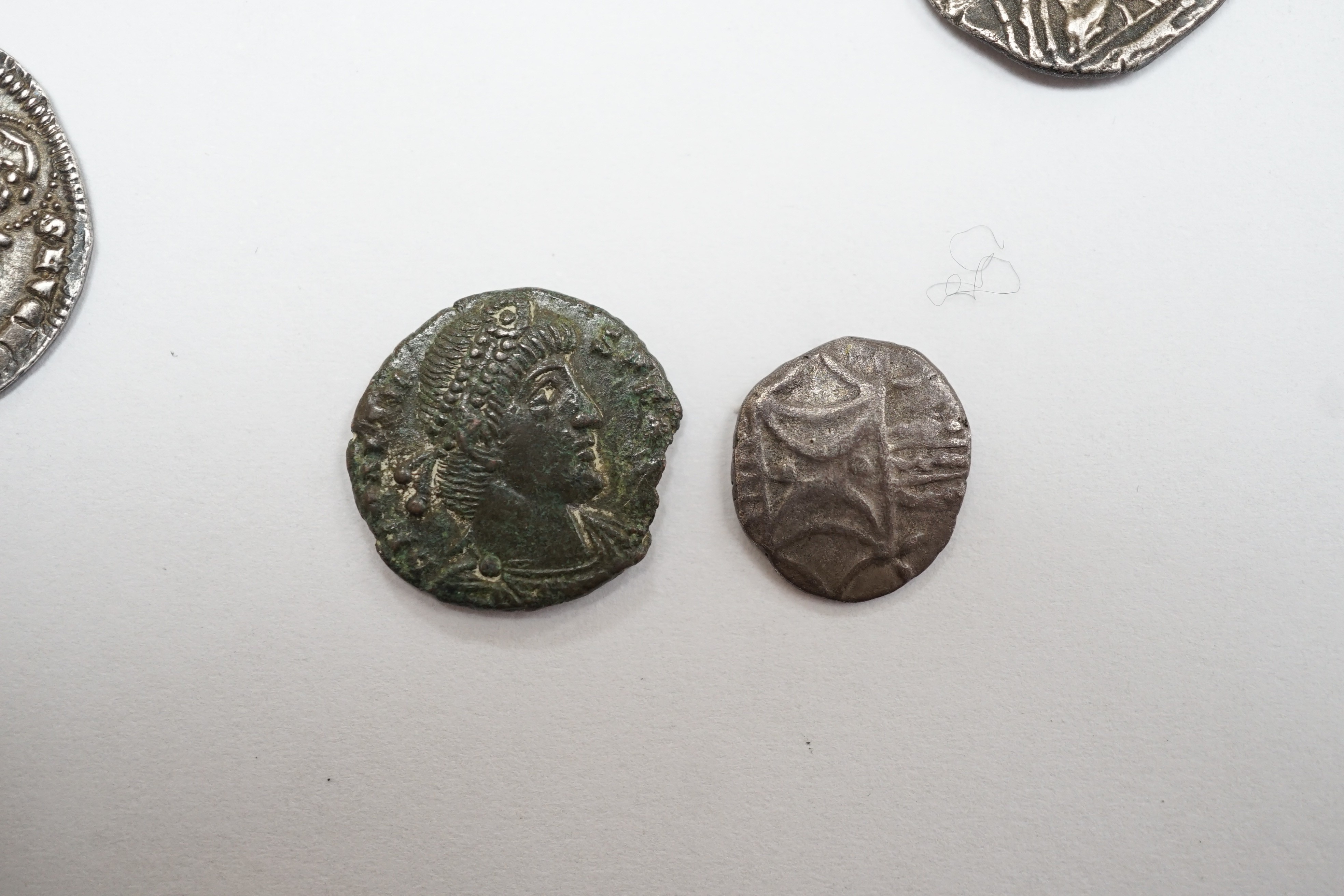 Greek, Celtic and European medieval coinage to include an AR drachm, Illyria, an Iceni Antedios Anted silver unit, a Venetian AR grosso, two deniers tournois, a Charles the Bold 2 Stuivers and a fragment of a lead crucif